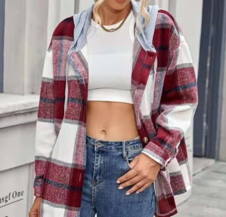 European American autumn winter plaid flannel woolen hooded jacket for women, 2024 new casual and versatile fashion clothing