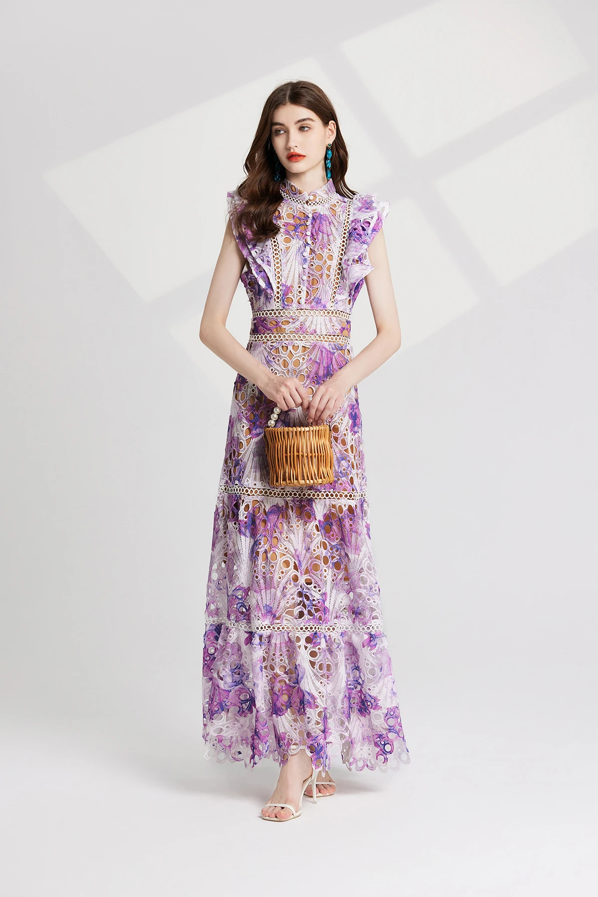 Basic Casual Dresses Summer Autumn Flower Embroidery Maxi Wedding Dress Women Flare Ruffles Sleeve Neck Colorful Long Robe Party Evening Vestidos