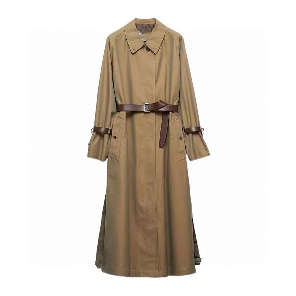Stylish Long Trench Coat with Waist Tie and Cuffed Sleeves