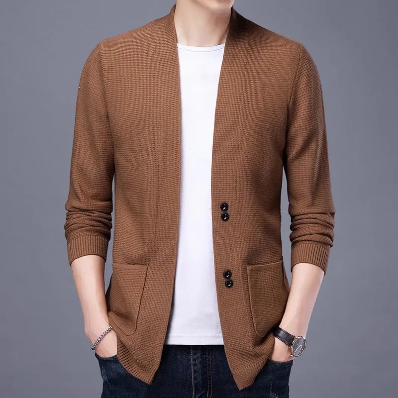 Autumn and winter knitted cardigan mens fashion slim fit sweater mens solid color V-neck casual Korean knitted cardigan mens 241205