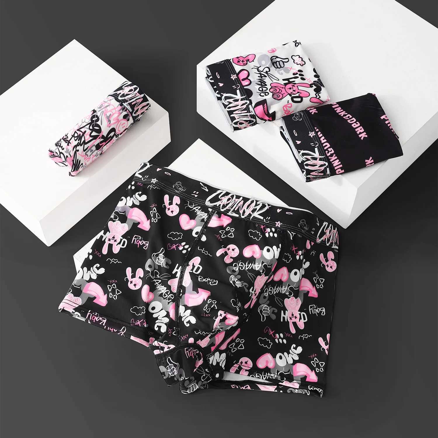 Mens Boxing Shorts Underwear Ice Silk Black Pink Breathable Mid Waist Four Corner Fashionable Printed Mens Underwear X241207