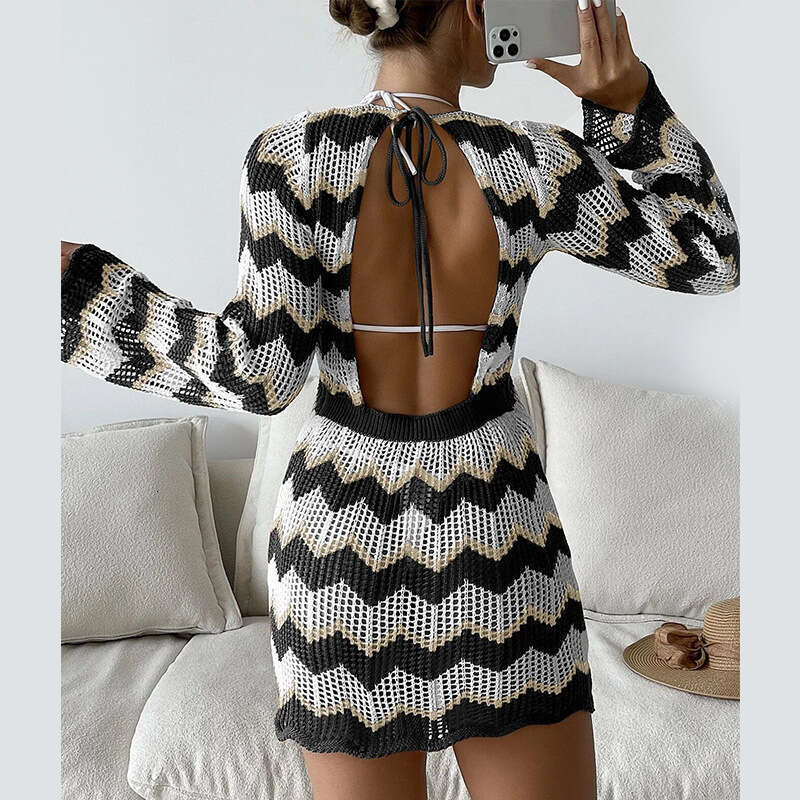 European and American autumn knitted dress women's long sleeved striped contrasting backless lace up sexy hip hing short skirt 2024 new casual ve