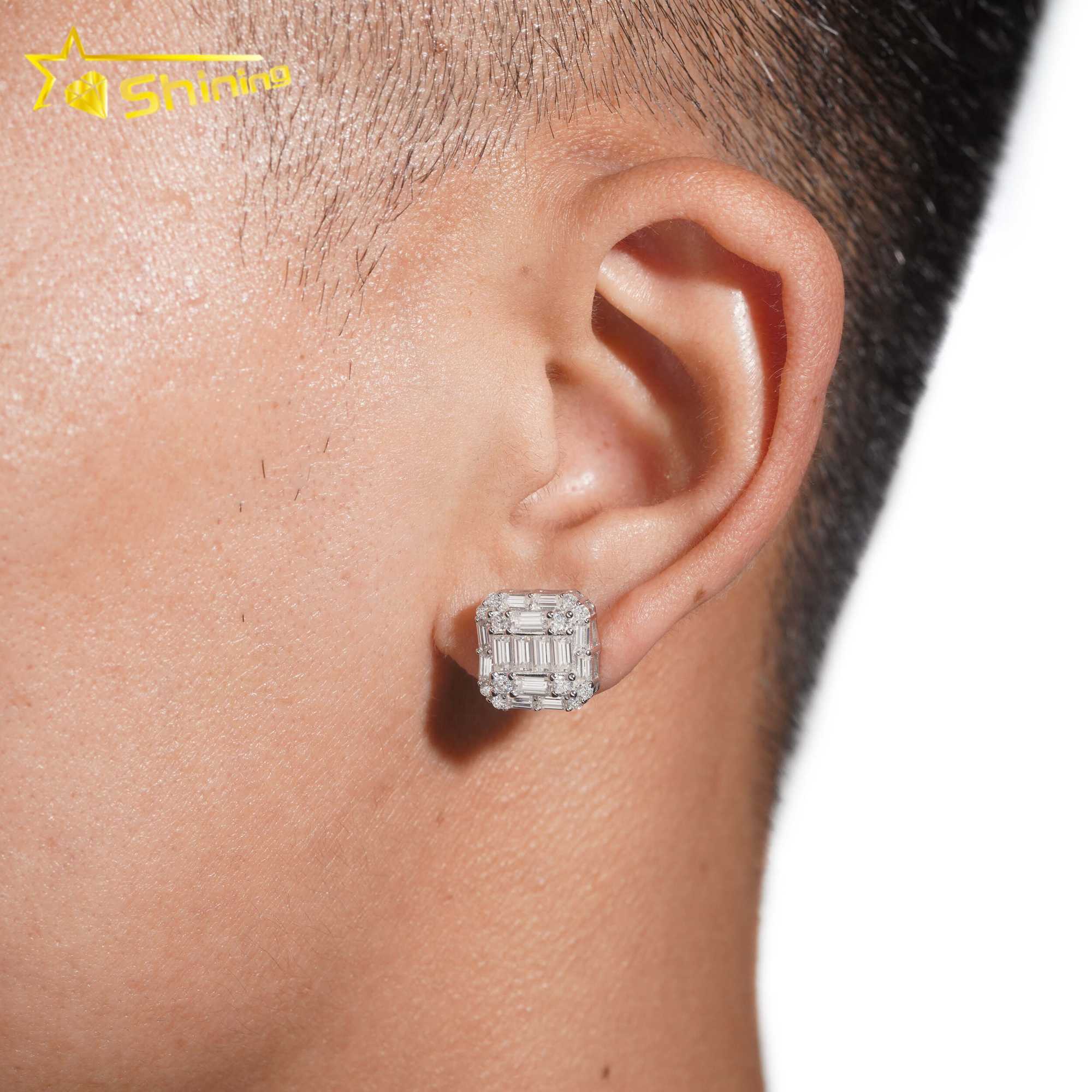 Wholesale Price Hip Hop Style Baguette Moissanite Square Shape 925 Silver Mens VVS Diamond Earrings