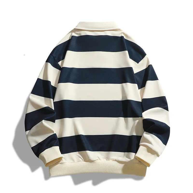 Mens polo shirt autumn fashion trend striped print casual loose outdoor camping collar top couple long sleeved T-shirt 241204