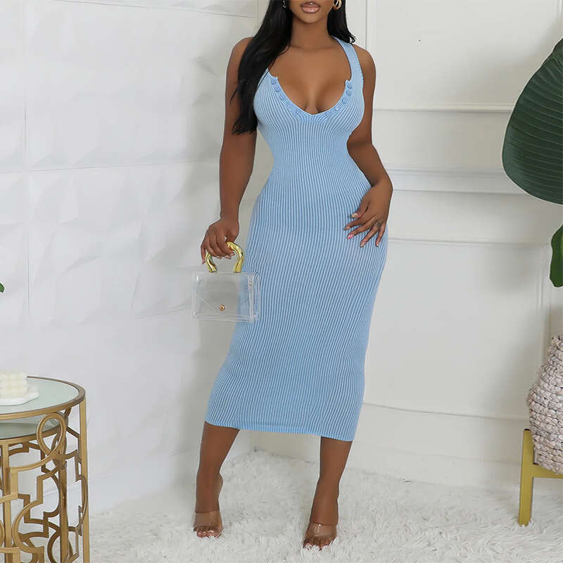 Summer European and American Fashionable Elastic Sexy U-neck Sleeveless Slimming Dress 2024 New Casual Fashion Trendy Clothing