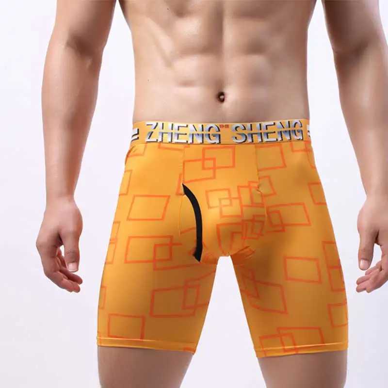 Fashionable printed ice skating fast drying mens long boxing shorts breathable elastic underwear mens long leg underwear Cueca mens X241207