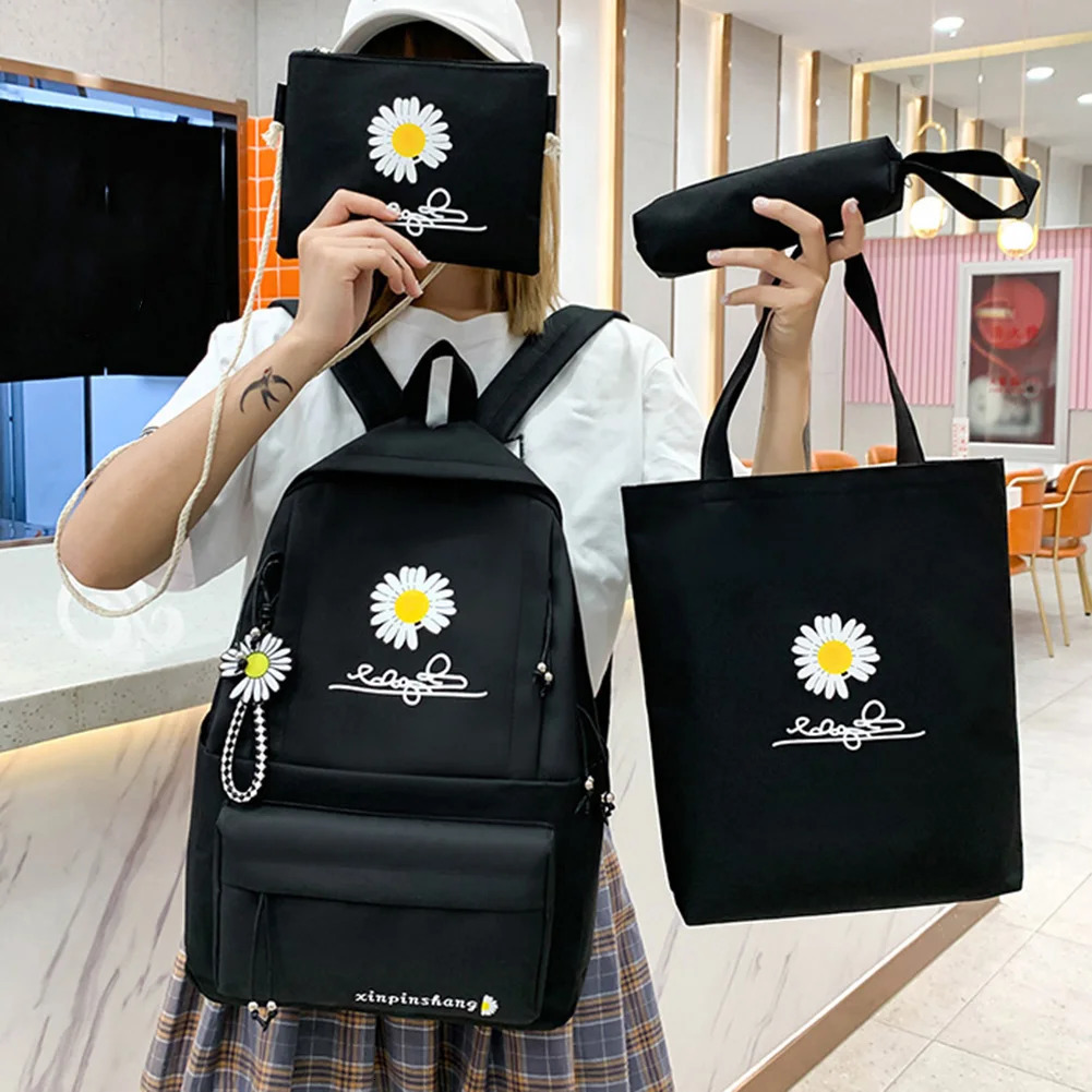 4-piece/set pre school style daisy print backpack canvas school Rucksack teenage girls travel Mochila shoulder bag student club 241206