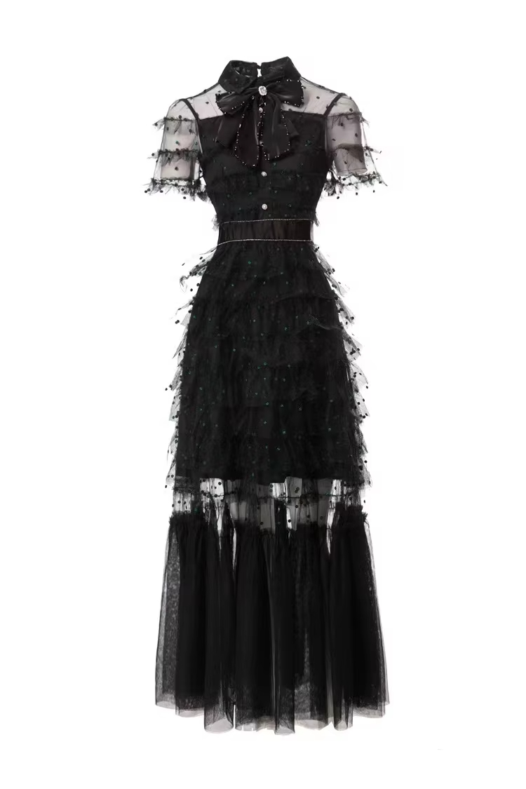 Basic Casual Dresses Runway Designer Fashion Mesh Tulle Polka Dots Cake Dress Women Short Sleeve Midi Long Party Evening Prom Vestidos