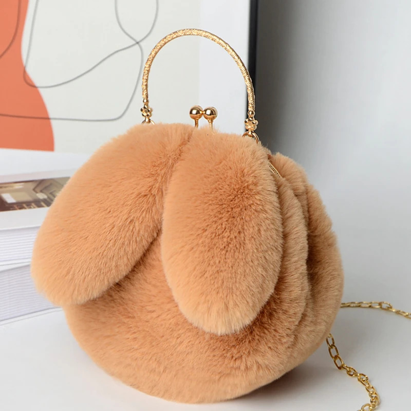 Womens handbag fashionable and simple plush chain bag shoulder cross zipper buckle rabbit ear 241206