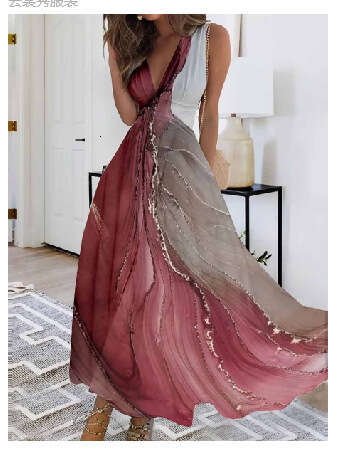 Large size promotion for European and American women's summer V-neck fabric high waisted sleeveless printed sexy vest dress 2024 new casual versa