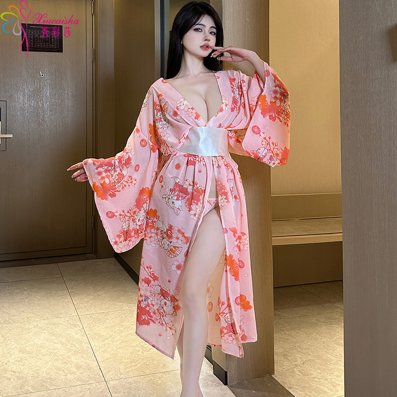 2025 fashion Fun lingerie pink cherry blossom chiffon pajamas printed kimono uniforms seductive hollowed out bathrobe set