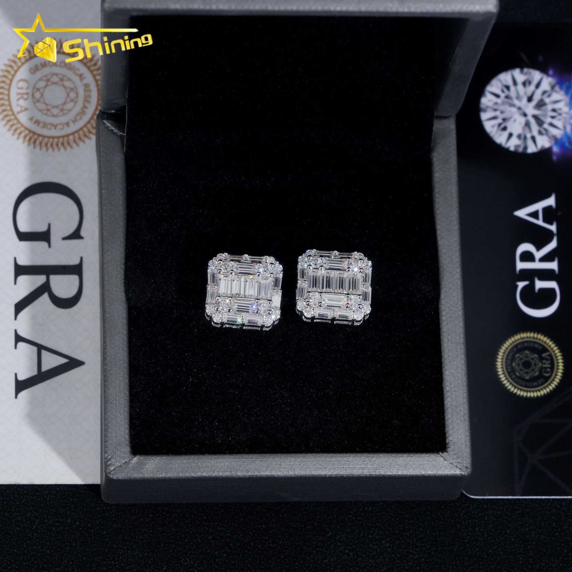 Wholesale Price Hip Hop Style Baguette Moissanite Square Shape 925 Silver Mens VVS Diamond Earrings