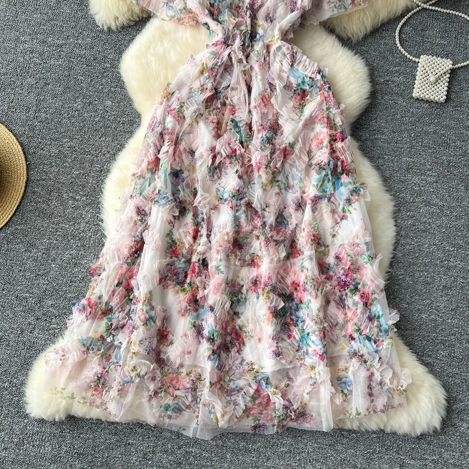 Basic Casual Dresses Runway Summer Autumn Holiday Floral Midi Tulle Prom Dress Women Layers Ruffles Cake Dresses Long Party Vestidos Quality
