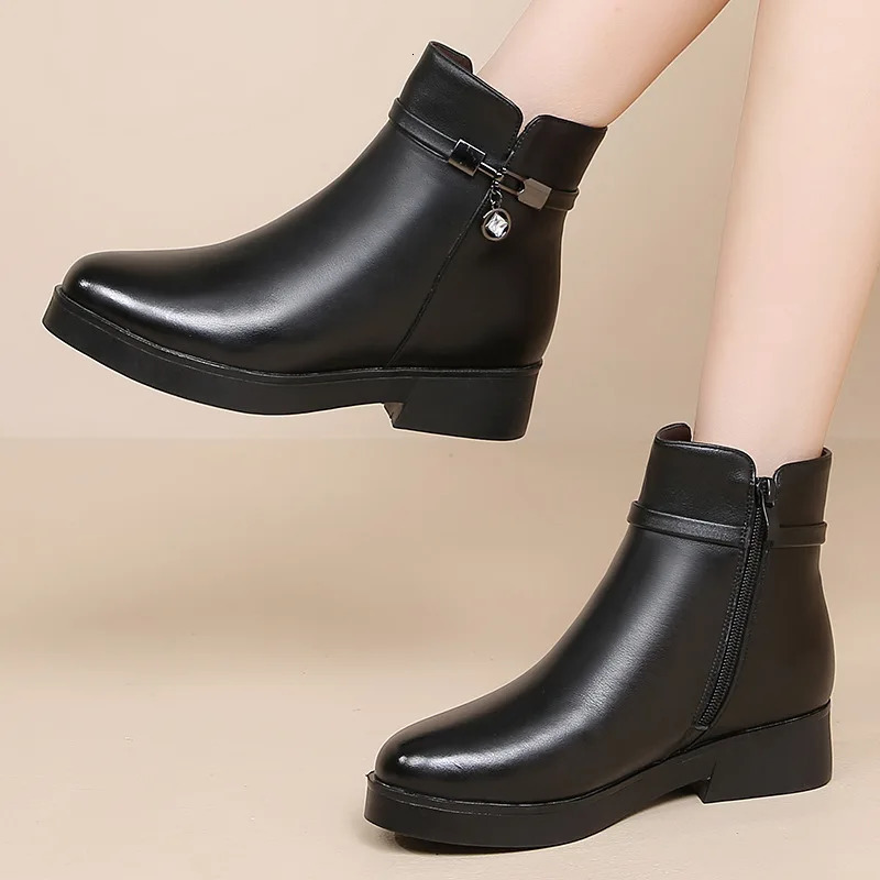 WOIZGIC Womens Genuine Leather Ankle Shoes and Boots Platform Wool Plush Warm Winter Zipper Plus Size 42 43 241206