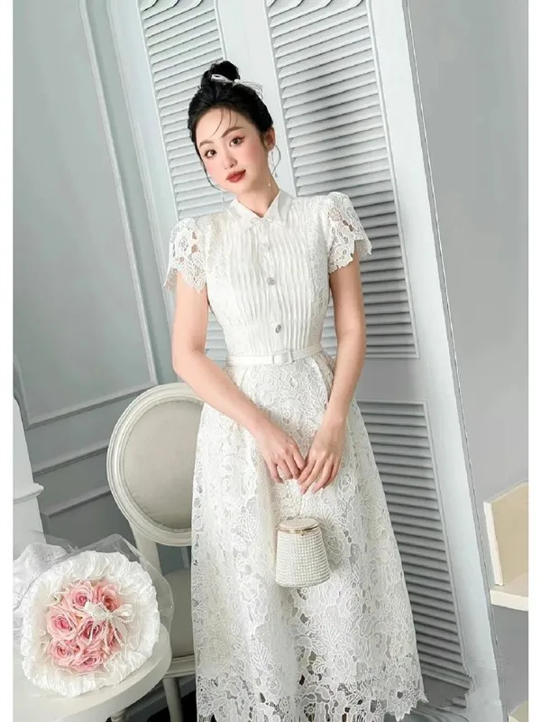 Basic Casual Dresses Runway 2025 Summer Flower Embroidery White Lace Evening Prom Holiday Dress Women Short Sleeve Pearls Bow Bead Vest