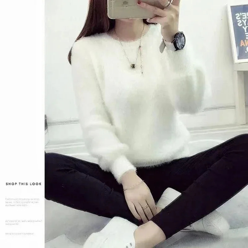 Winter Mink Wool Fleecing Female Oneck Long Puff Sleeve Elastic Casual Sweater Women Knitted Tops Pullovers Solid 241203