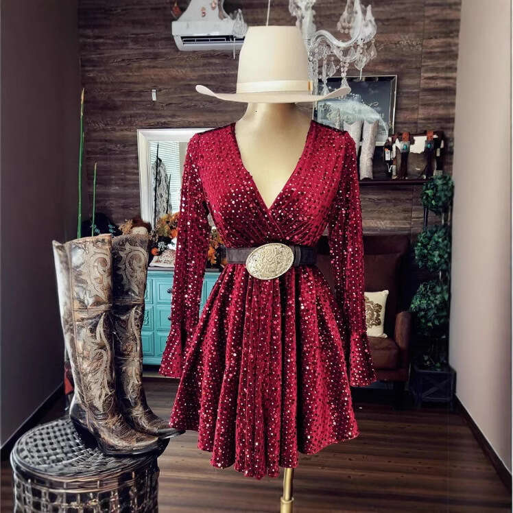 European and American V-neck flared sleeves women's sequined performance dress with ing fabric, 2024 temperament versatile new trendy clothing in