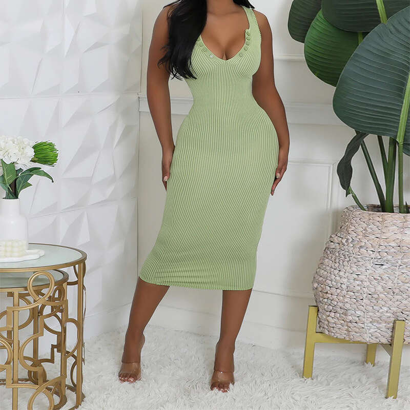 Summer European and American Fashionable Elastic Sexy U-neck Sleeveless Slimming Dress 2024 New Casual Fashion Trendy Clothing