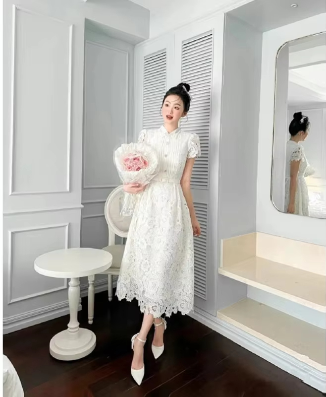 Basic Casual Dresses Runway 2025 Summer Flower Embroidery White Lace Evening Prom Holiday Dress Women Short Sleeve Pearls Bow Bead Vest