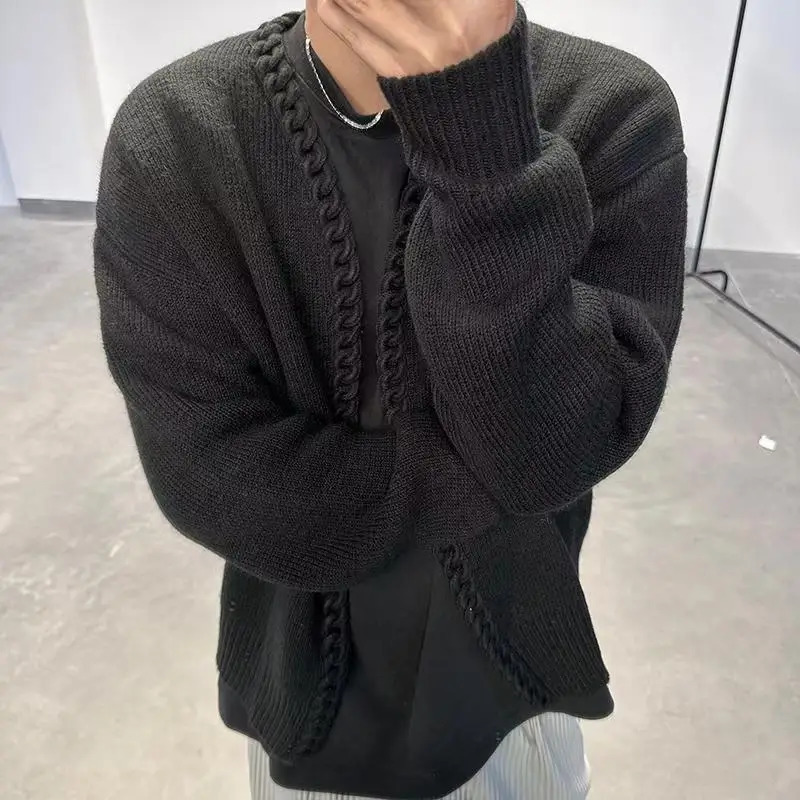 Vintage overweight mens cardigan with jacquard weaving handmade knitting top autumn wool knitting jacket 241205