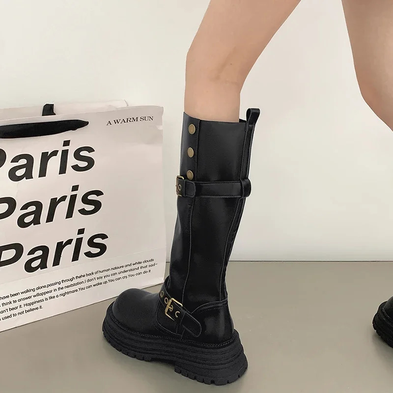 Vintage womens knight knee high boots elegant belt buckle shoes comfortable platform heels long Botas De Mujer 241206