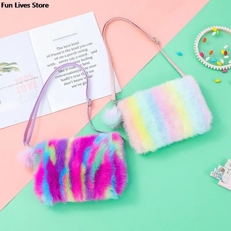 Rainbow Plush Shoulder Bag Colorful Fur Handbag Womens Fashion Cross body Girls Can Be Mischievous with 241206