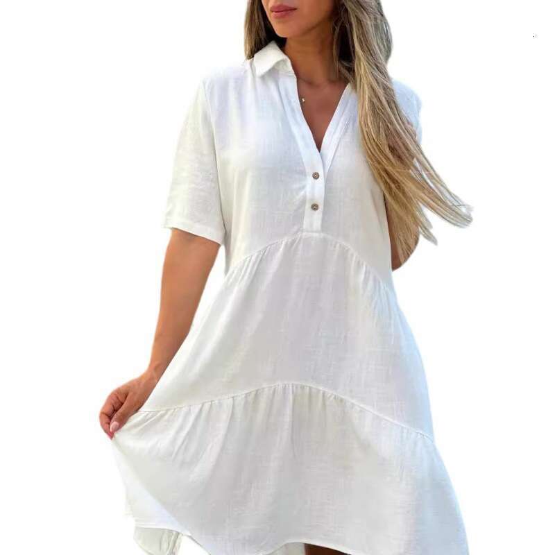 European American women's loose solid color lapel casual short sleeved en dress 2024 new style chic and elegant clothing