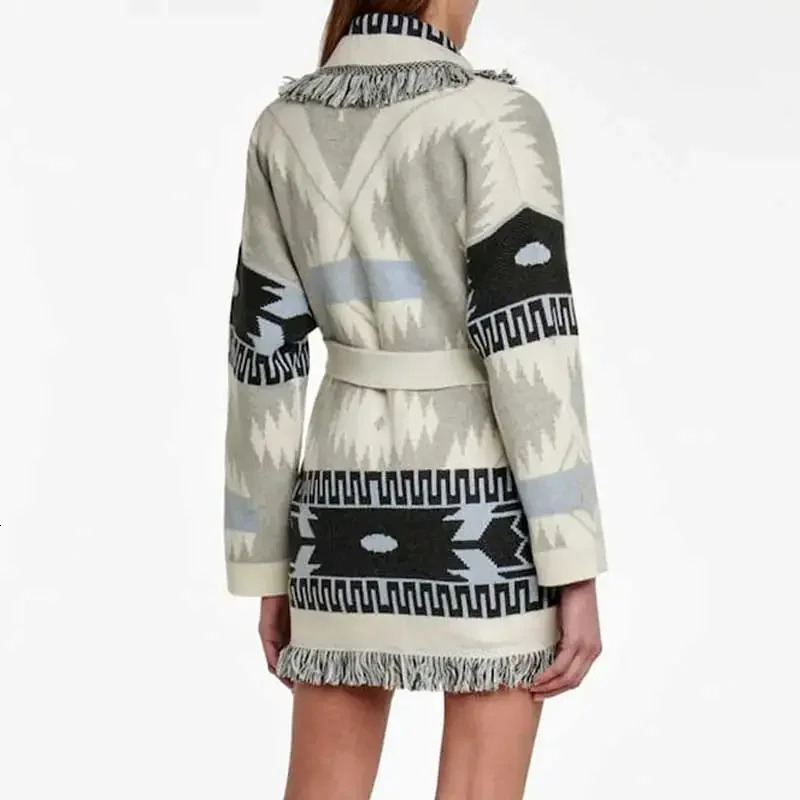 White Grey Oversized Knitted Coat Fringe Hem Belted Women Streetwear Winter Cardigan Jacket