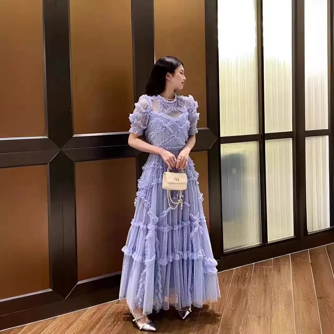 Basic Casual Dresses Summer Quality Vintage Summer Holiday Layers Ruffle Cake tulle Long Dress Women Blue Dots Elegant Party Evening Vestidos 2025
