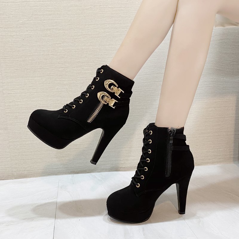 European And American Retro Women's 2024 New Lace Up Side Zipper Super High Heels Solid Color Short Boots Platform Shoes