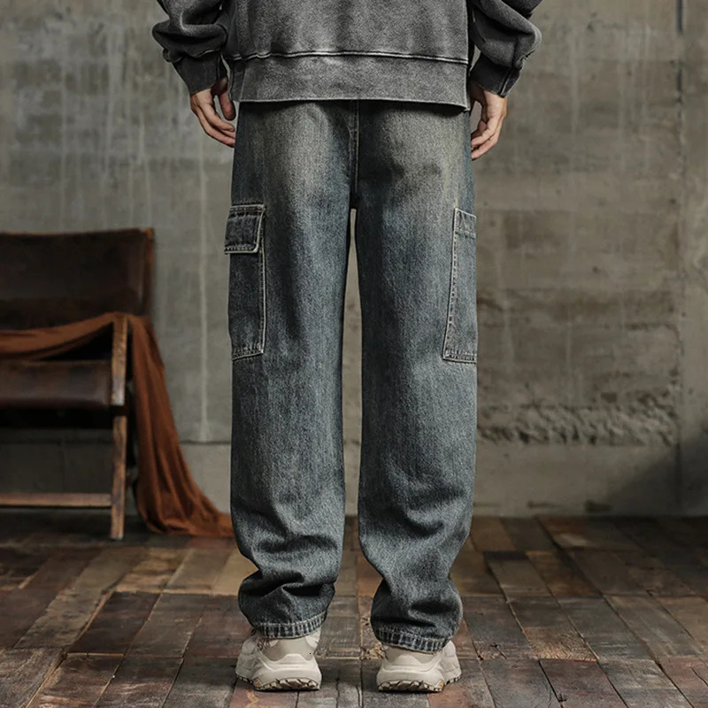 Spring and autumn Japanese mens jeans mens fashion straight tube loose casual large pocket pants 241204