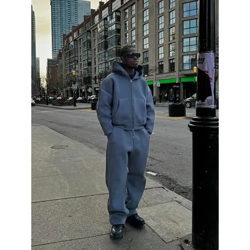 Men's Casual Track Suit Set - Y2K Retro 2-Piece Hooded Zipper Jacket & Straight Pants, Autumn Plush Sweatshirt, Streetwear Jogging Outfit