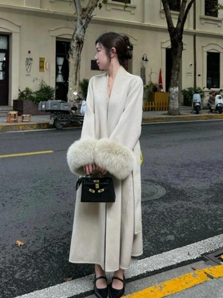 2024 Warm Long Coat With Belt Womens Elegant Wool Blend Trench Winter Clothes Fashion Outerwear 241202
