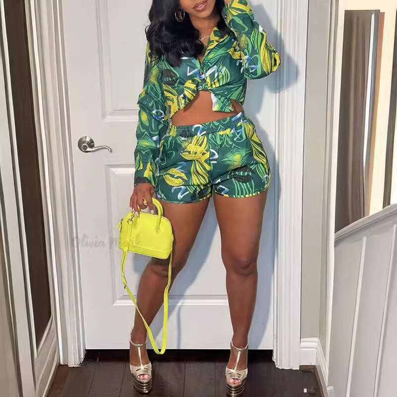 summer European and American printed long sleeved shirt shorts casual set 2024 temperament versatile new trendy clothing ins