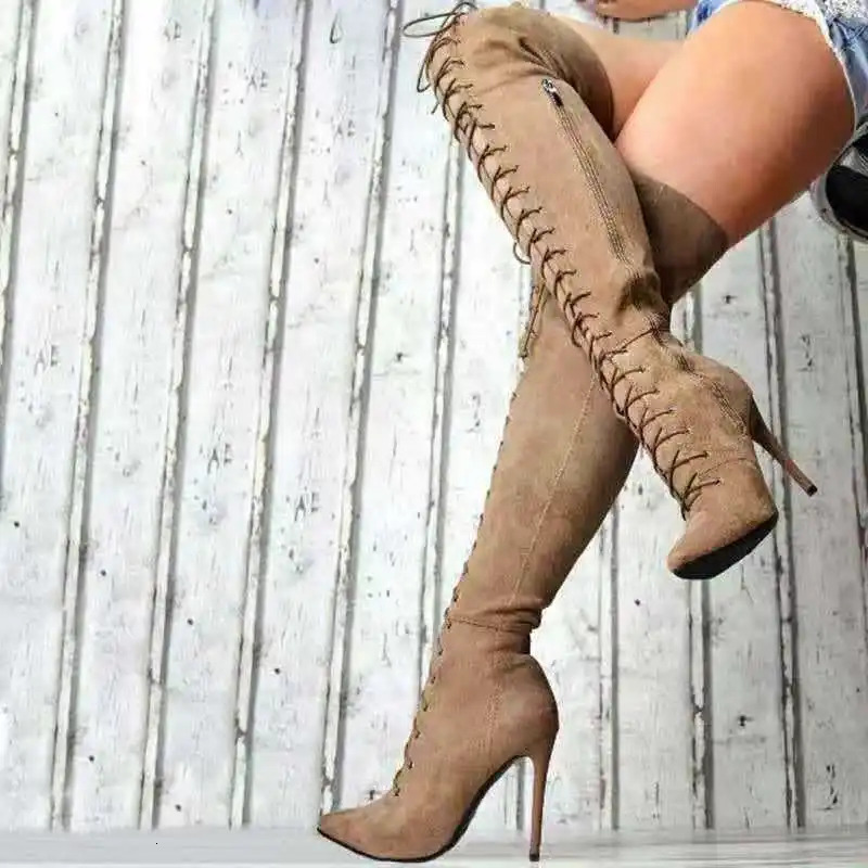 European American Sexy High-Heeled Lace Up Frosted Knee High Boots For Women's Nightclubs And Fashion Shows