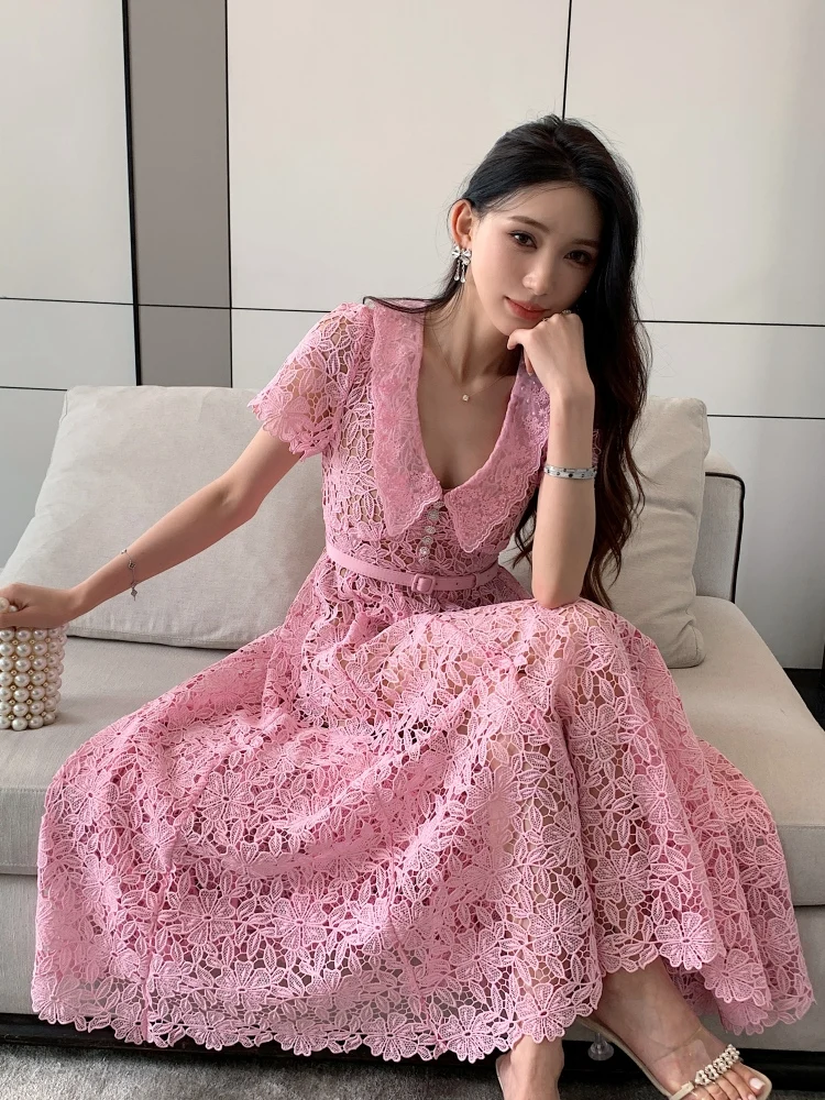 Prom Dress Women Runway Designer Quality Button Dias Long Party Summer Holiday Elegant Short Sleeve Midi Dresses Retro 2025