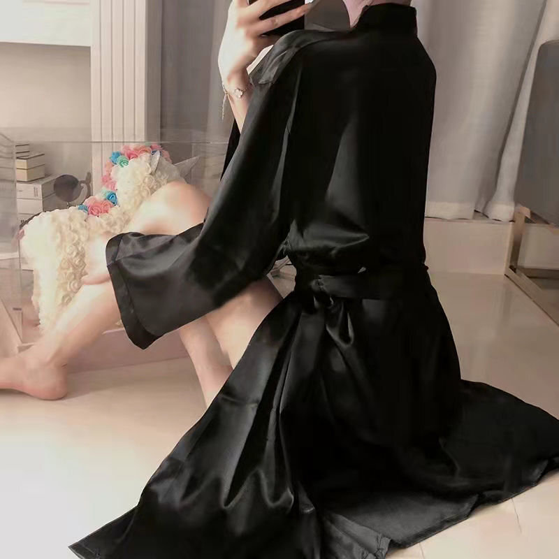 2025 Black sexy pure desire ice nightgown for women in spring and autumn long sleeved thin bathrobe with fashion a feeling of imitation silk pajamas s