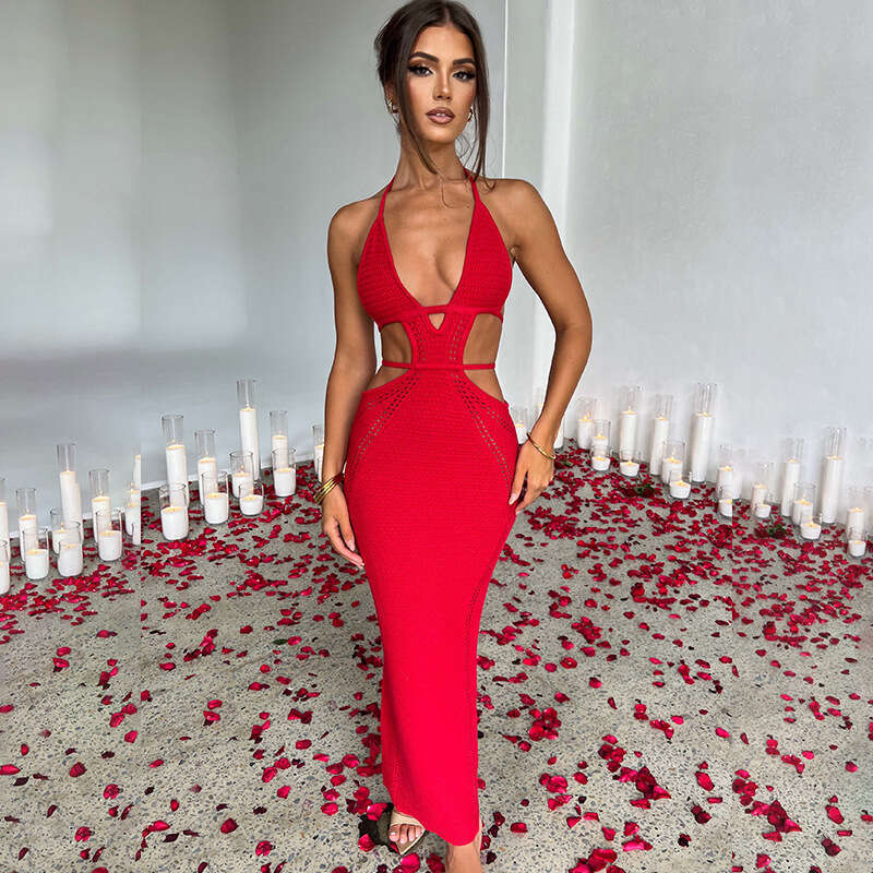 European and American Ins hot selg sexy street style pure desire hanging neck, wrapped chest hollow splicing lace up dress for women 2024 new casual f