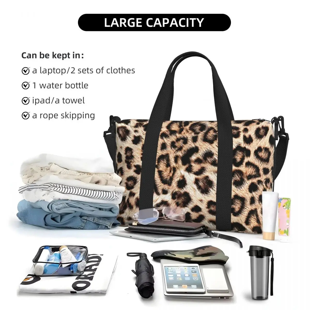 Custom Leopard Print Beach Tote Bag Women Large Gym Carry On Animal Skin Travel Shopping Bags 241203
