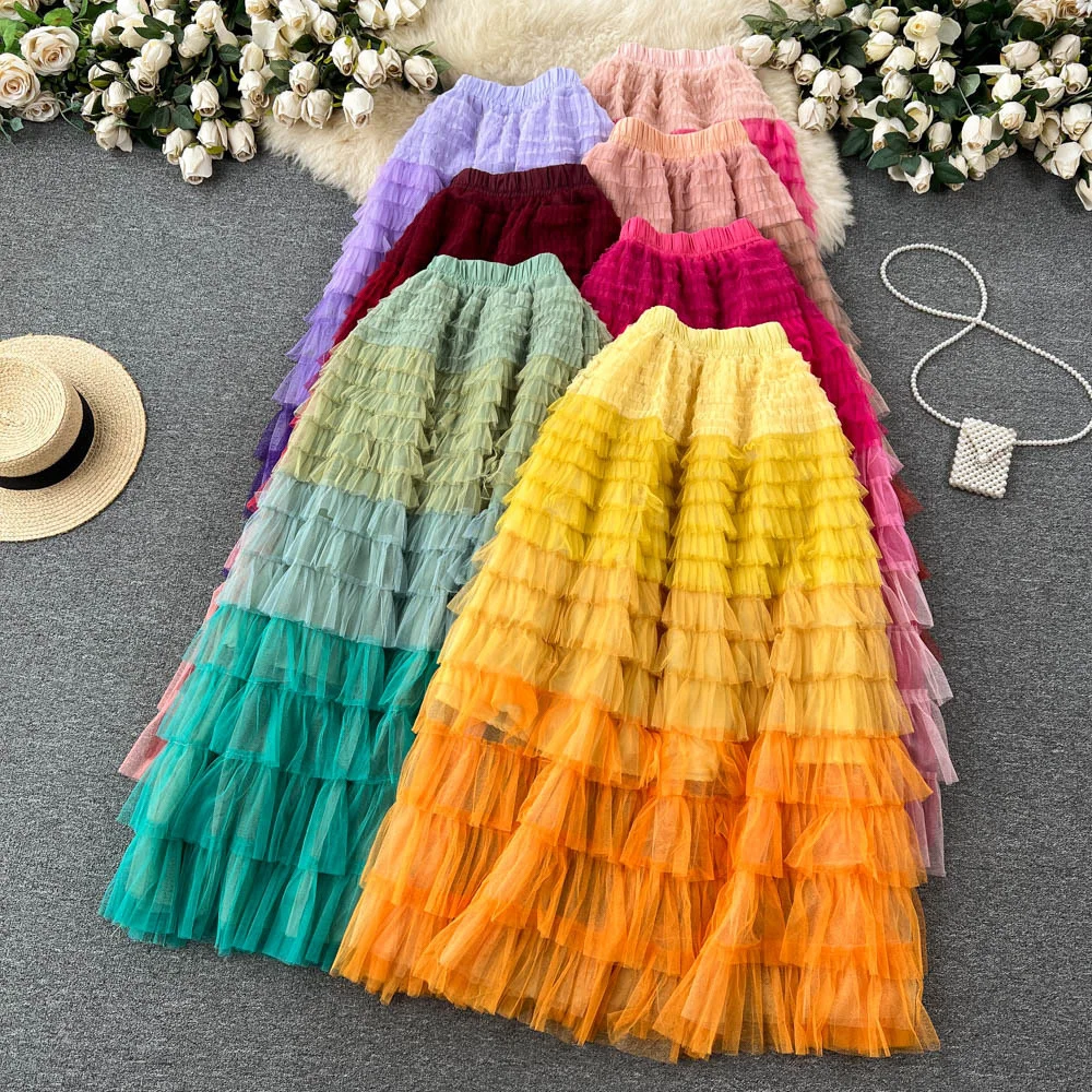 Colorful Rainbow Stripe Mesh Tulle Skirts Women 2023 Summer Autumn Long Maxi Skirt Fashion Elegant Elastic Waist 2025