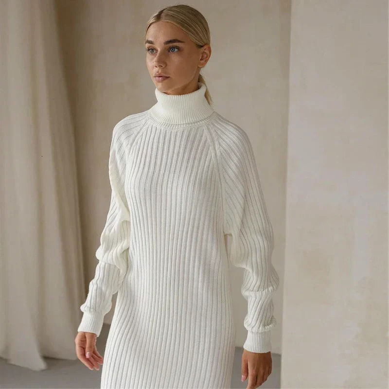 White turtle neck knitted dress for women winter and autumn oversized sweater fashionable long sleeved mini dress casual knitted dress 241206