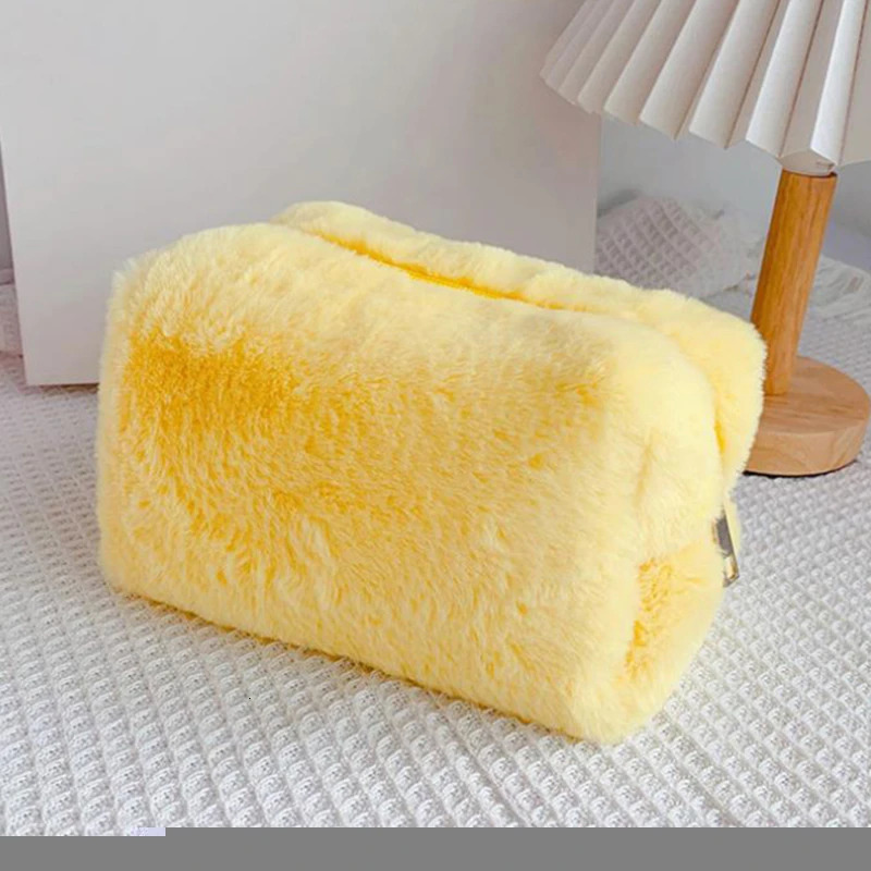 Solid color makeup bag womens soft plush brush storage box travel toilet organizer handbag girl gift 241206