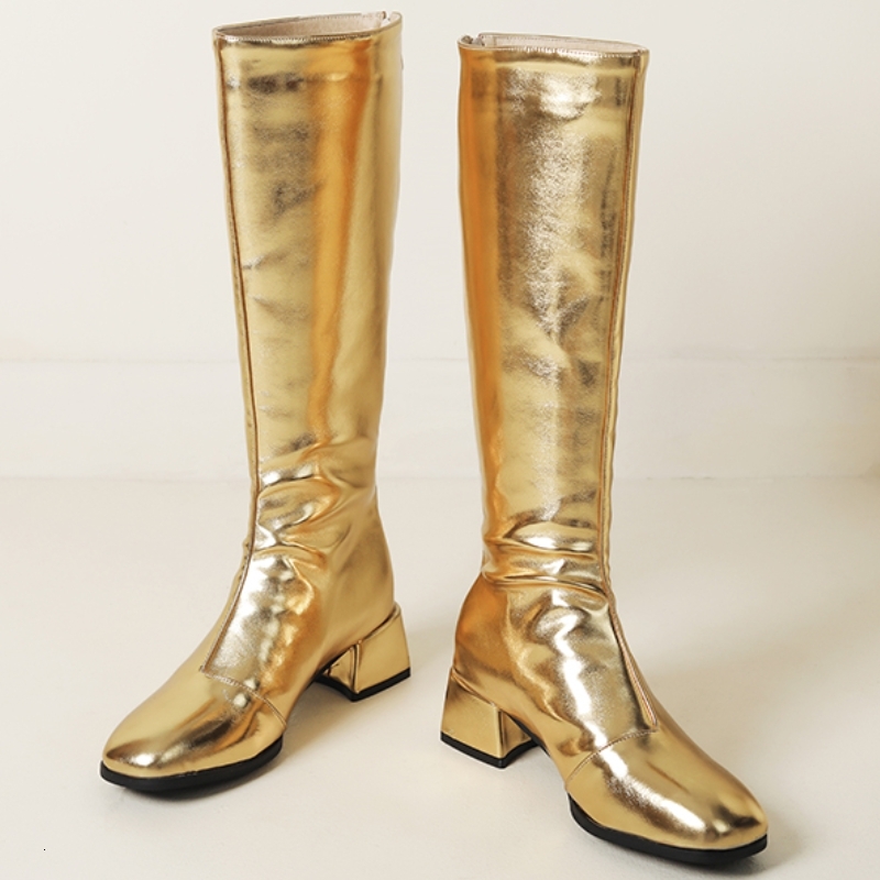 Women's Knee High Boots Winter 2024 Gold Sier Low Heeled Long Boot Ladies Party Footwear Shoes Large Size 45 Waterproof