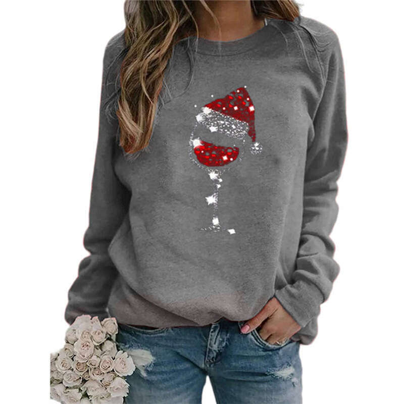 Autumn/Winter European and American Christmas Wine Cup Printed Long Sleeve Round Neck T-shirt Women's Wear 2024 New Casual Versatile Fashion Clot