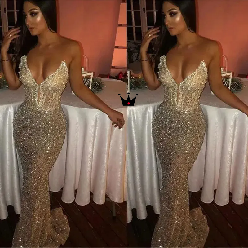 Shiny Light Champagne Sequins Prom Dresses Sexy Bg Sweetheart Mermaid Sleeveless Long Sweep Train Deep V Neck Evening Gowns 2025