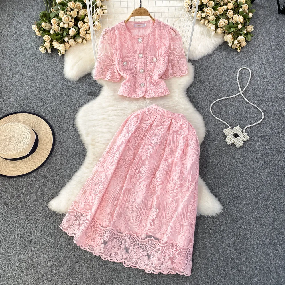 Two Piece Dress 2025 Designer Summer Holiday Flower Embroidery Lace Two Piece Women Sets Pearls Button Jacket Tops Midi Long Skir