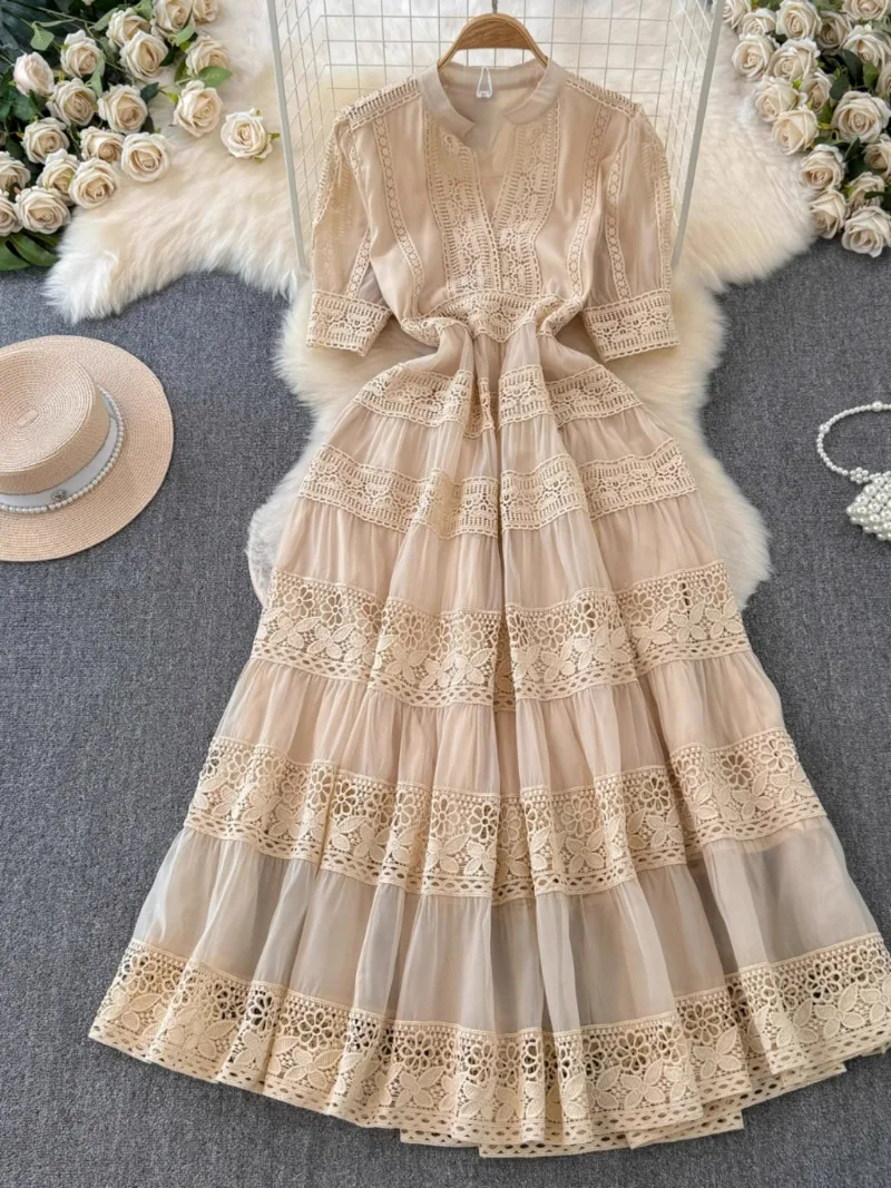 Basic Casual Dresses French Elegant Lace Embroidery Prom Midi Dress Womens V Neck Puff Sleeve High Waist Hollow Out Long Summer Sundress Clothing