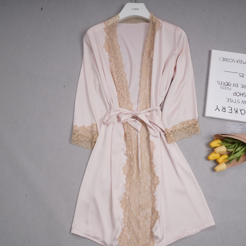 2025 fashion Designer s new sexy lace solid color bathrobe women s summer thin version single ice silk