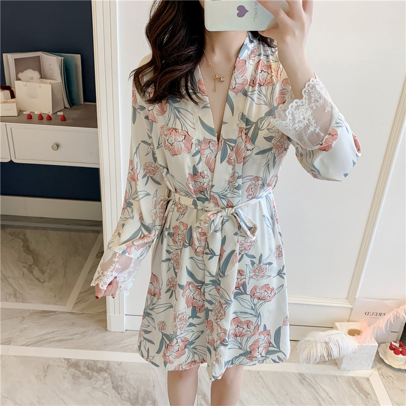 2025 Designer s new ice thin solid color fashion summer mid length bathrobe short sleeved kimono pajamas