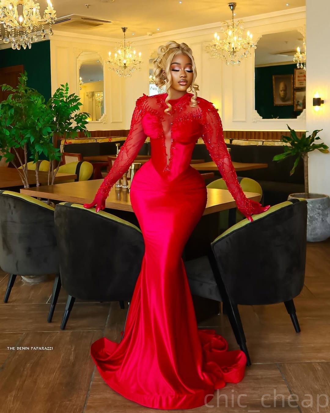 Red Mermaid Prom Dresses 2025 Full Sleeves Rhinestones Beaded Satin Evening Formal Party Second Birthday Engagement Gowns Plus Size Dress For Special 
